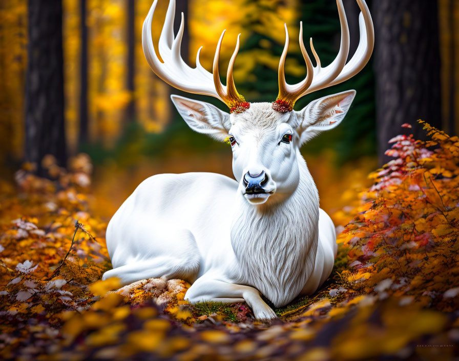 Majestic white stag with impressive antlers in vibrant autumn forest