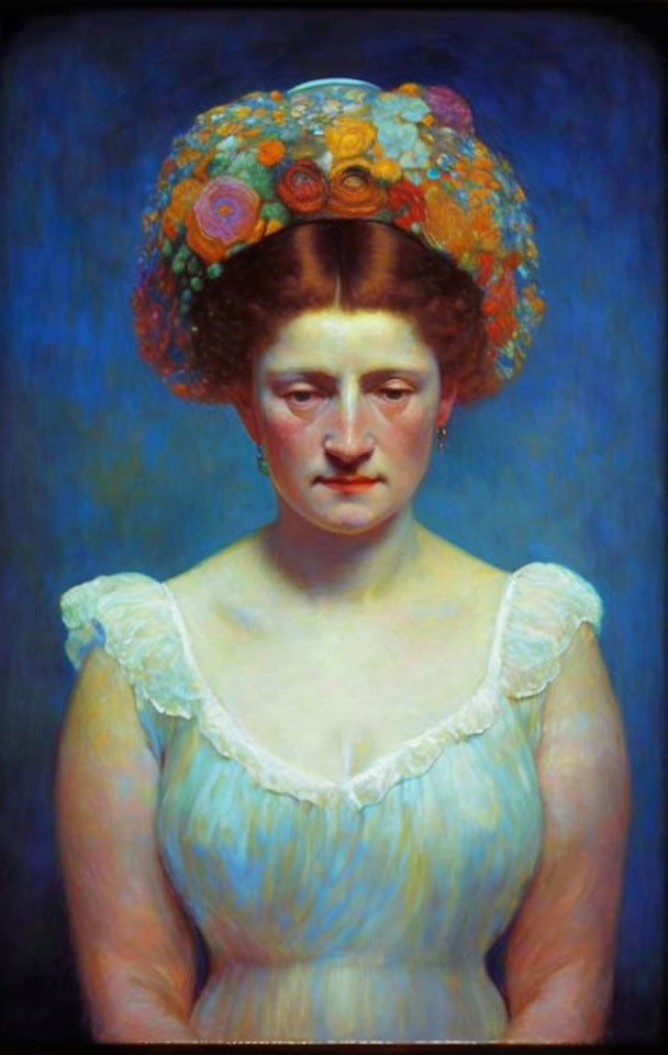 Portrait of Woman in White Dress and Floral Hat on Blue Background