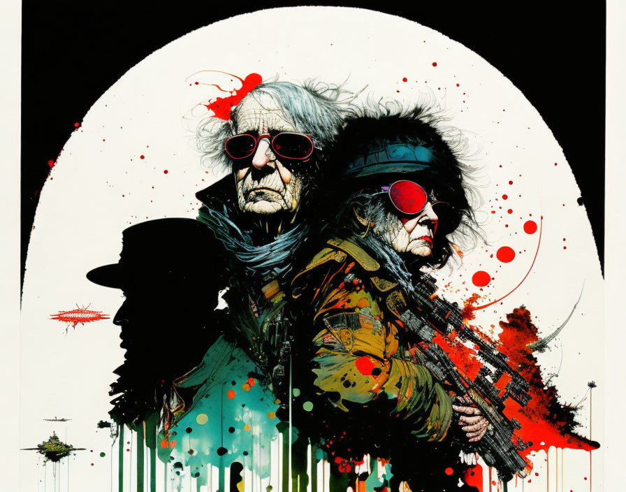 Stylized artwork of two figures with splattered red paint on white circular backdrop