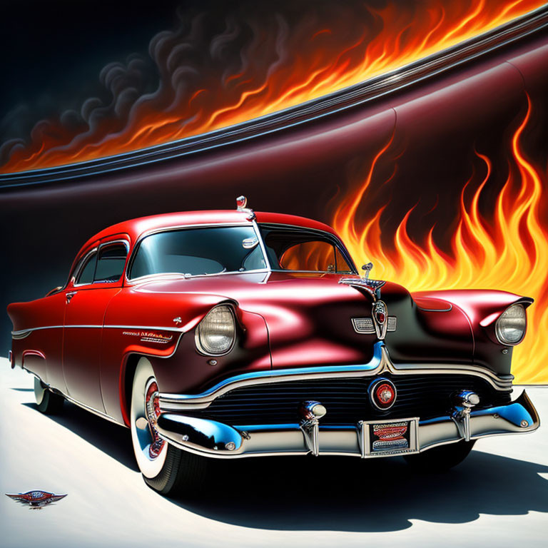 Vintage Red and Black Car with Chrome Details in Fiery Flame Background