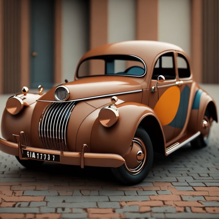 Vintage Brown Car with Orange and Blue Details on Cobblestone Street