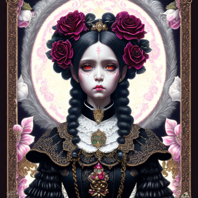 Gothic doll-like character in black and gold dress with roses and mystical aura