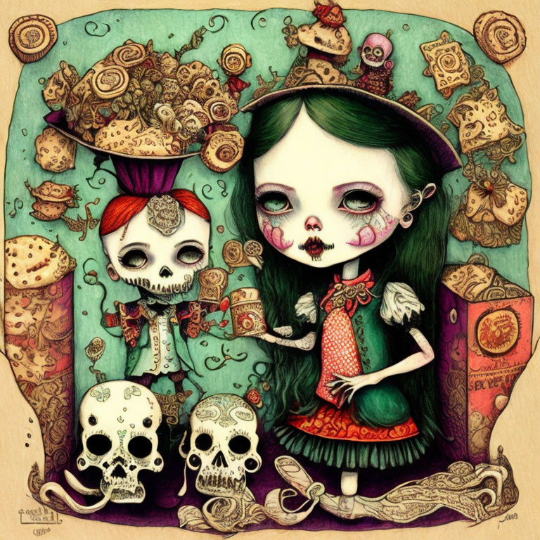 Gothic-style illustration of green-skinned girl and surreal skull in colorful setting