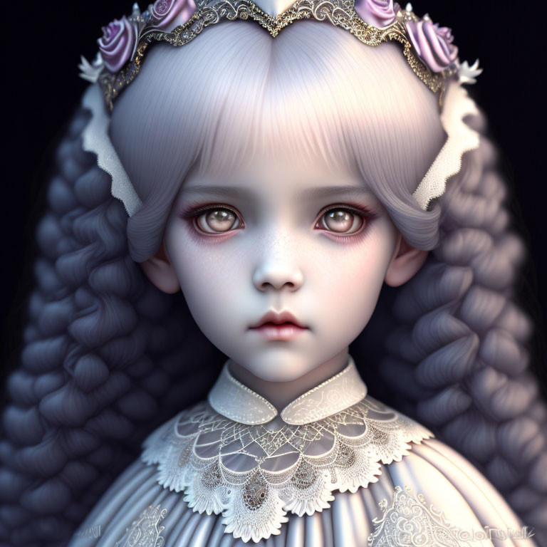 Digital artwork featuring pale doll-like girl with large red eyes, floral crown, lace collar, and curly