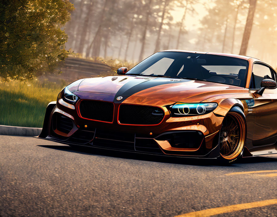 Custom Black and Orange BMW on Asphalt Road at Sunset