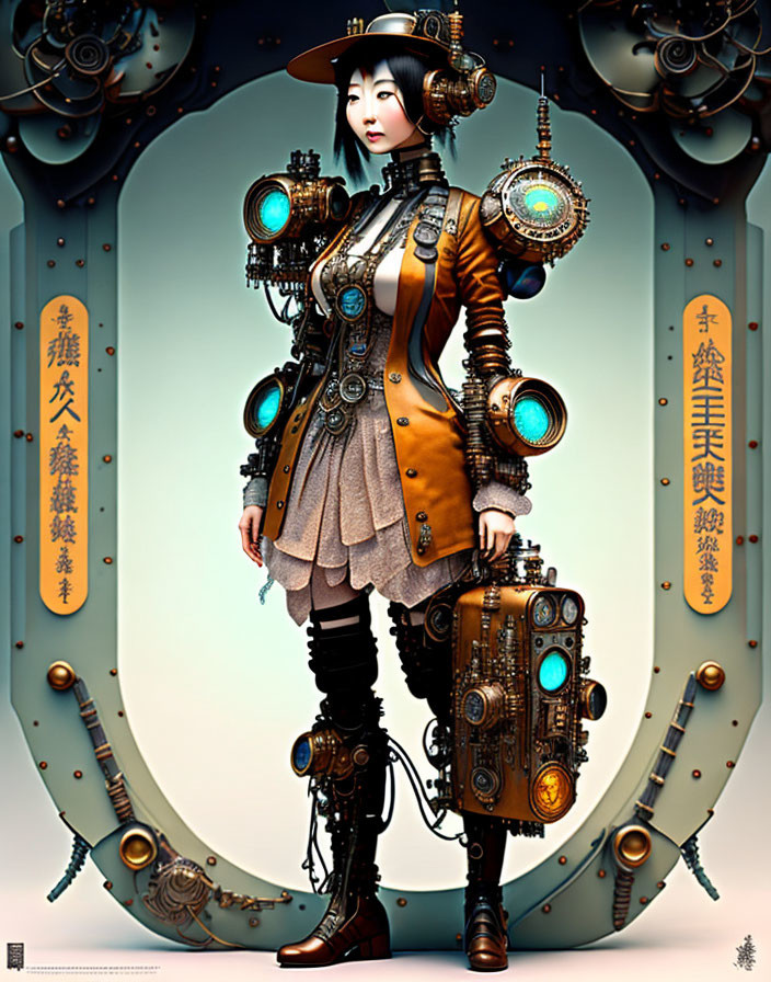 Steampunk-themed woman in Asian-inspired attire with mechanical accessories.