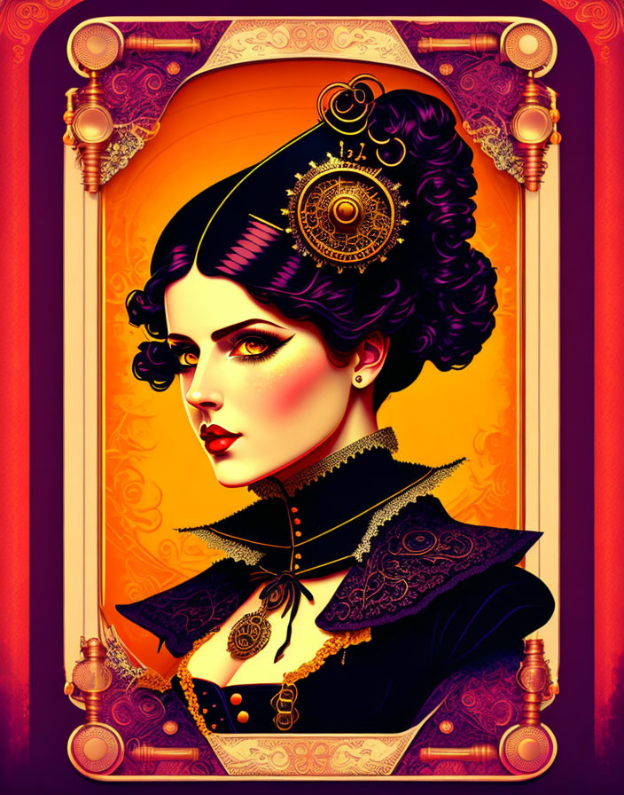 Victorian-style woman illustration with steampunk accessories in decorative frame