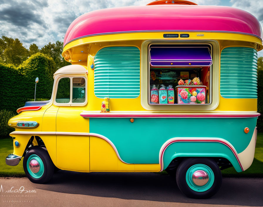 Colorful Vintage Ice Cream Truck Against Green Backdrop