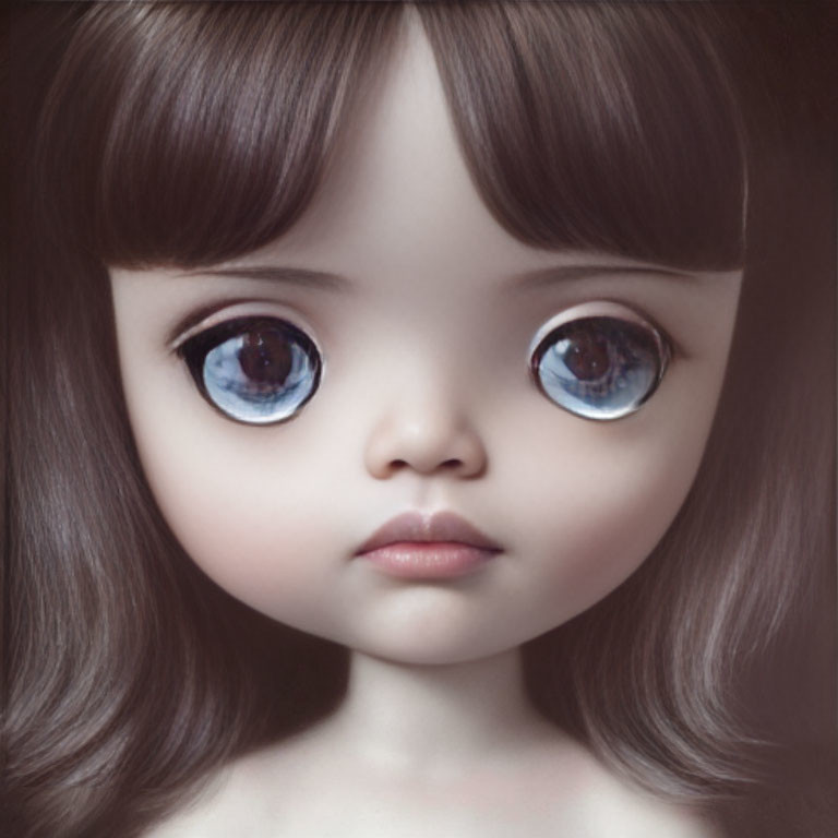 Digital Artwork Featuring Doll with Large Blue Eyes and Brown Hair