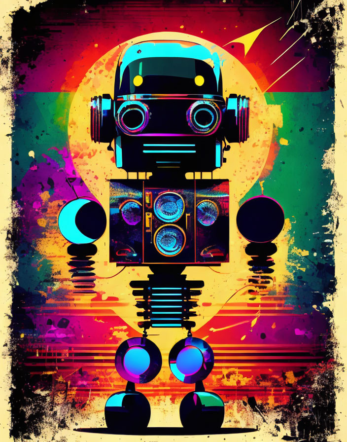 Colorful retro-futuristic robot art with abstract background