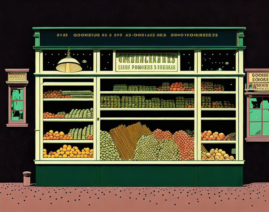 Vintage-style illustration of a green grocery store facade with neatly arranged produce and a "Groceries & Cheese