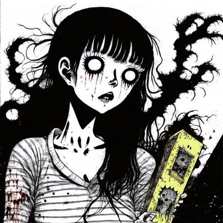 Monochrome illustration of girl with empty eyes, dark markings, knife, and sinister splatters