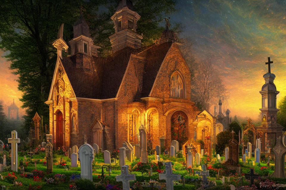 Gothic-style church in graveyard at dusk with warm lights and stained glass windows.