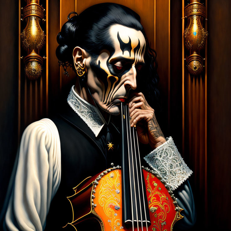 Person with skull face paint holding adorned violin on dark background