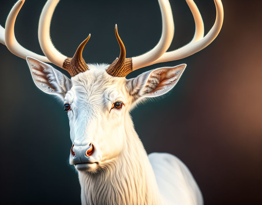 Rare White Deer with Spiraled Antlers on Dark Background