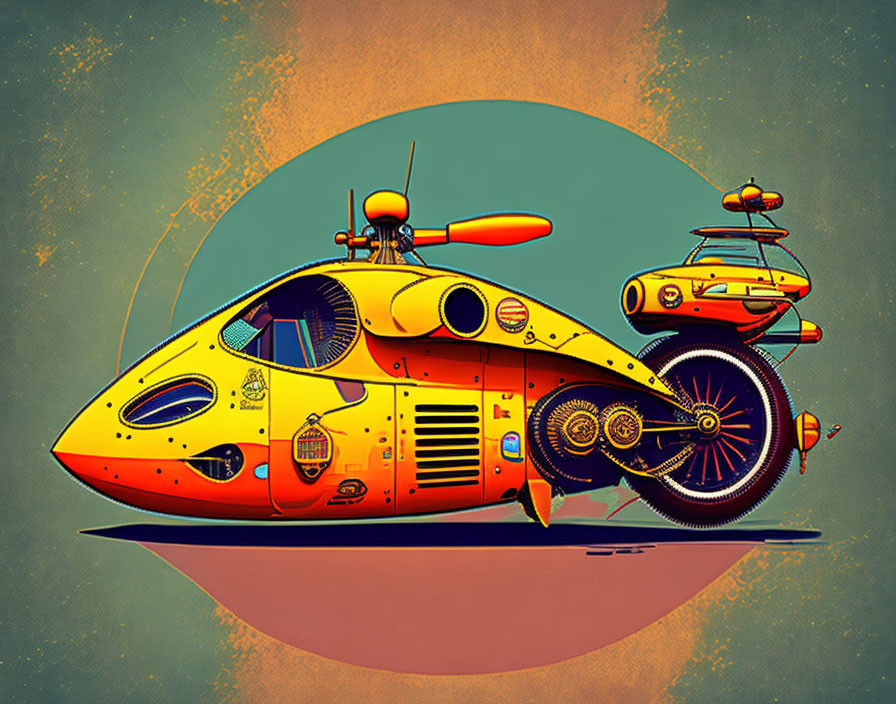 Colorful Retro-Futuristic Yellow Submarine and Floating Car on Teal Background