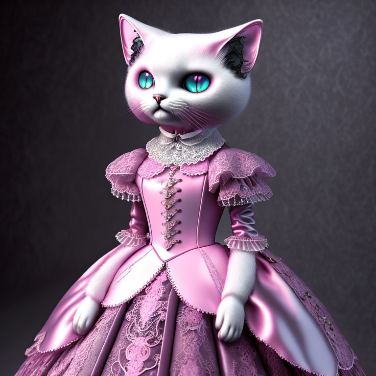 White Anthropomorphic Cat in Pink Victorian Dress on Grey Background