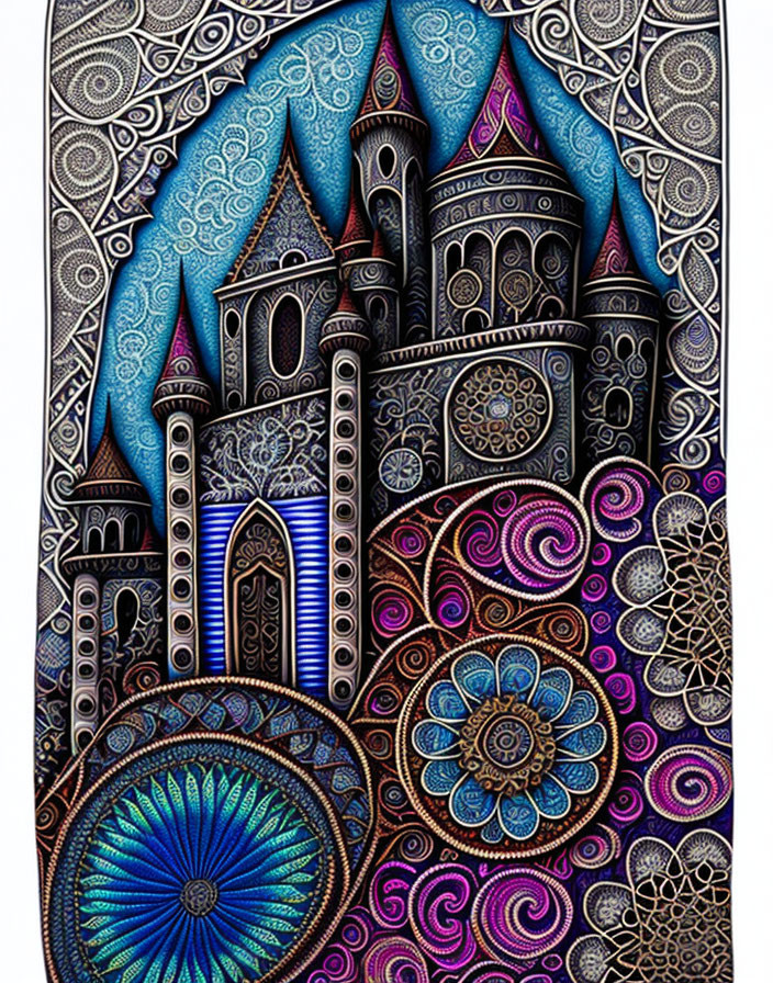 Detailed fantasy castle illustration with vibrant colors & ornate patterns