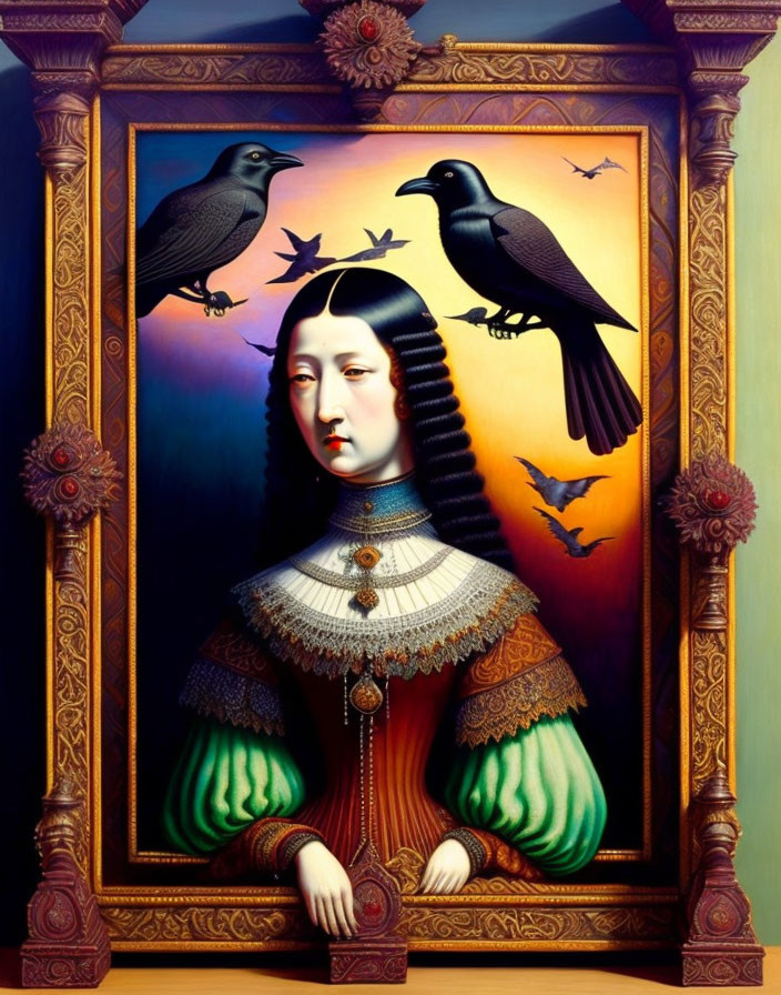 Surrealist painting: Woman in Renaissance attire with crows, gradient sky, and bats.