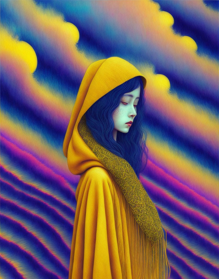 Surreal portrait of woman in yellow cloak against vibrant backdrop