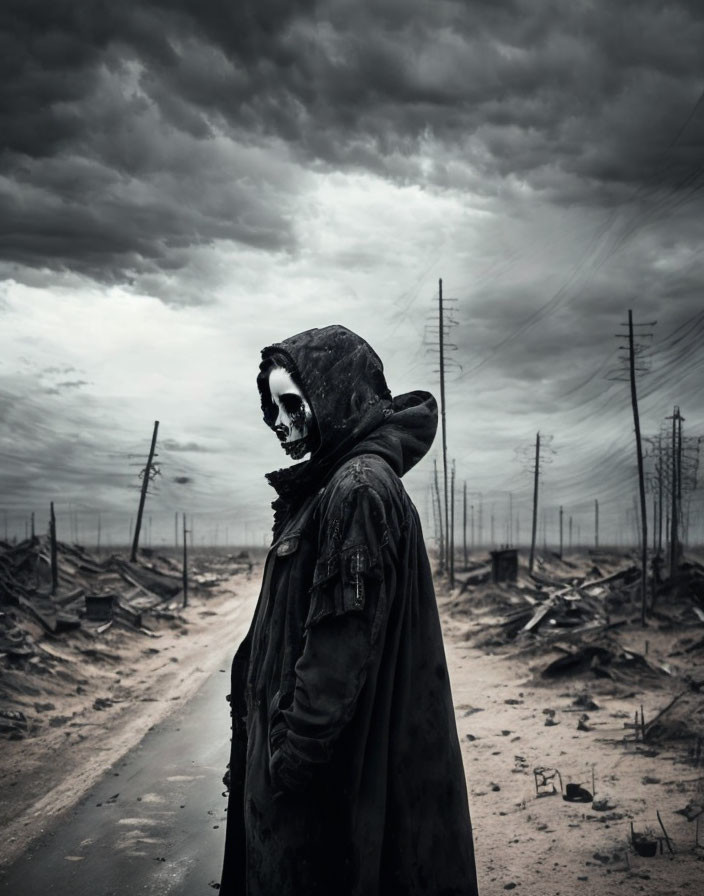 Hooded figure in skull mask on desolate road with bleak landscape