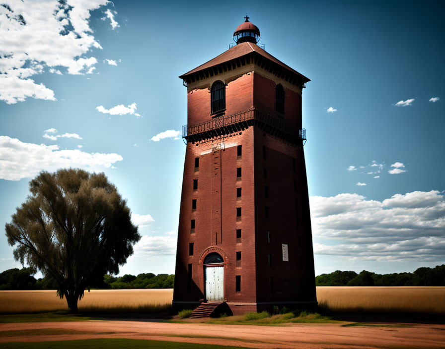 Red brick lighthouse with white door in golden field under blue sky