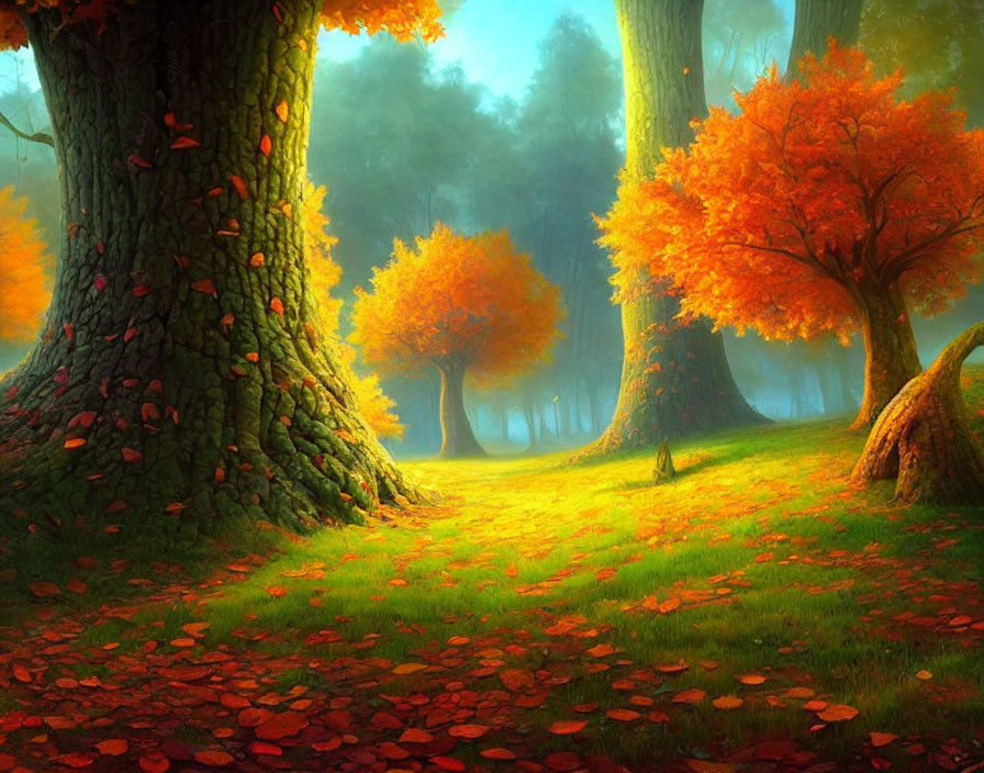 Vibrant orange leaves in mystical forest with large trees