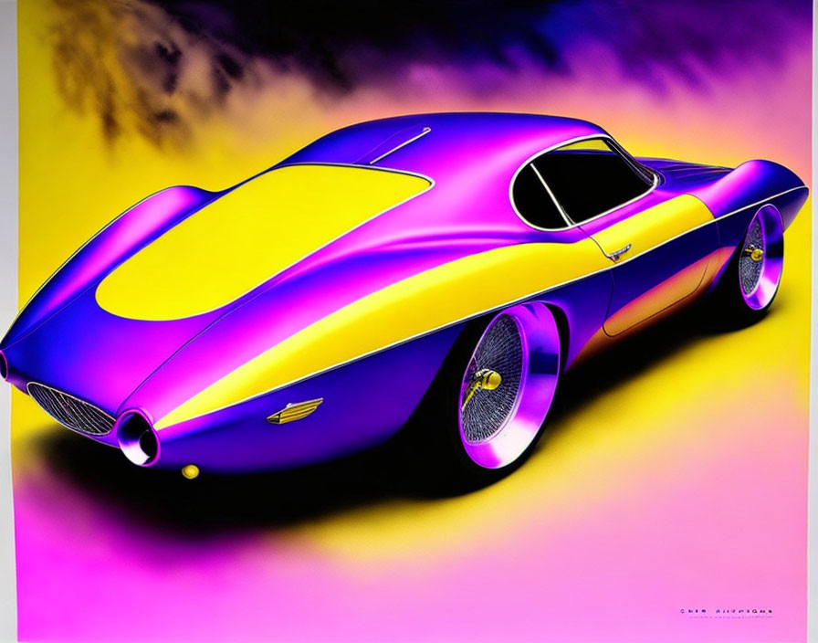 Colorful Classic Car Illustration in Psychedelic Purple and Yellow Palette