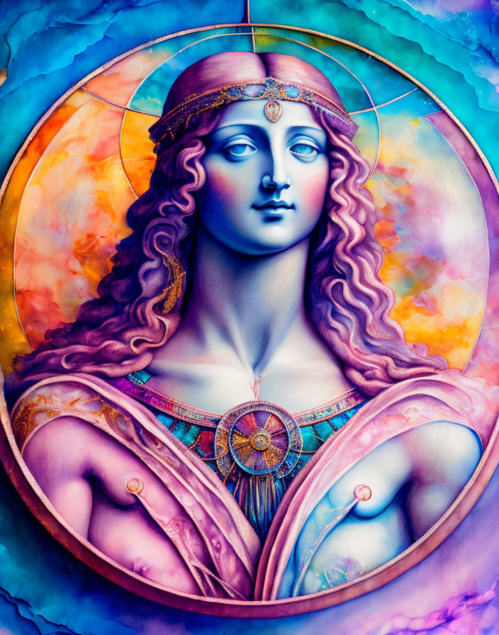 Colorful artwork featuring female figure with halo and ornate headdress.