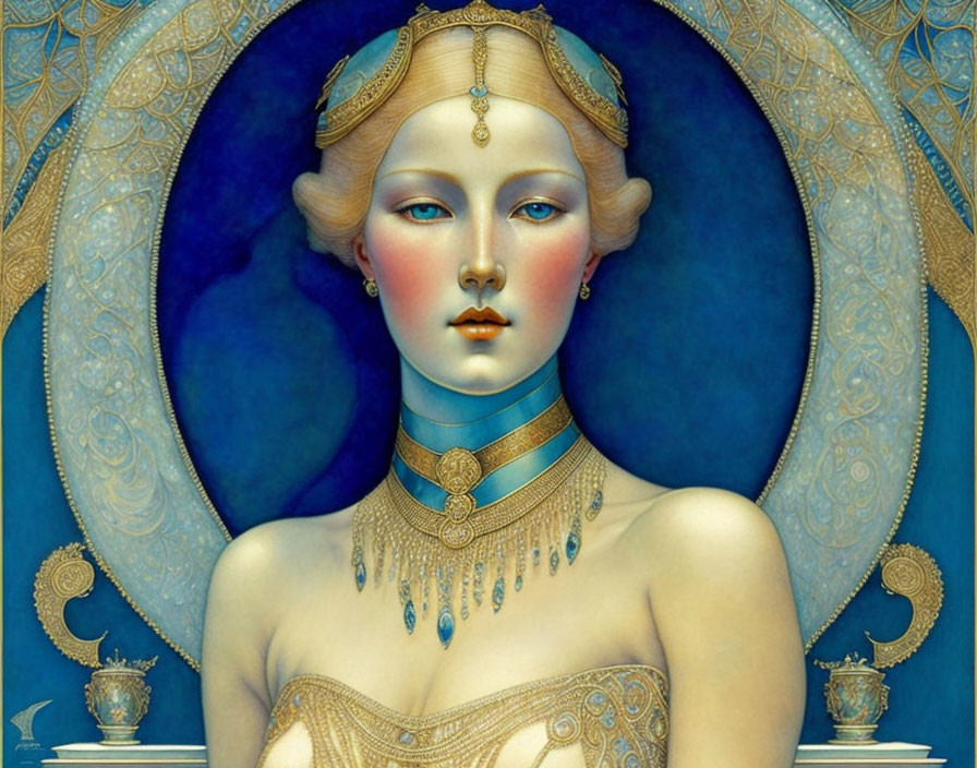 Illustration of Woman with Blue Skin & Golden Hair in Ornate Blue Setting