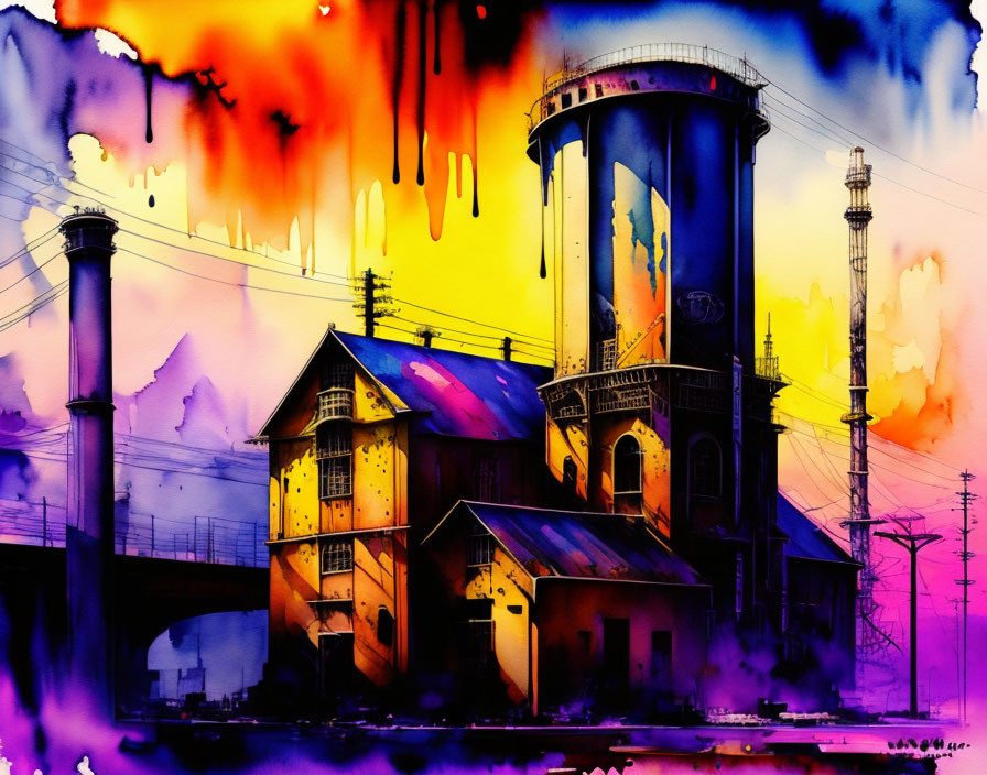 Colorful Watercolor Illustration of Industrial Scene with Factories and Smokestacks