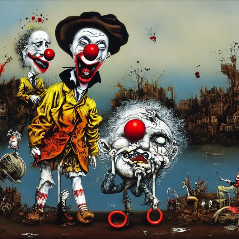 Surreal artwork: Ominous clowns in dystopian setting