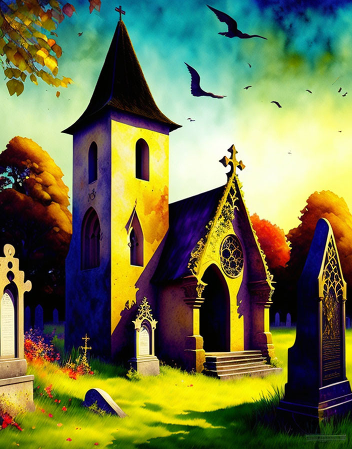 Illustration of cemetery with church, grave markers, bats, autumn trees, sunset sky