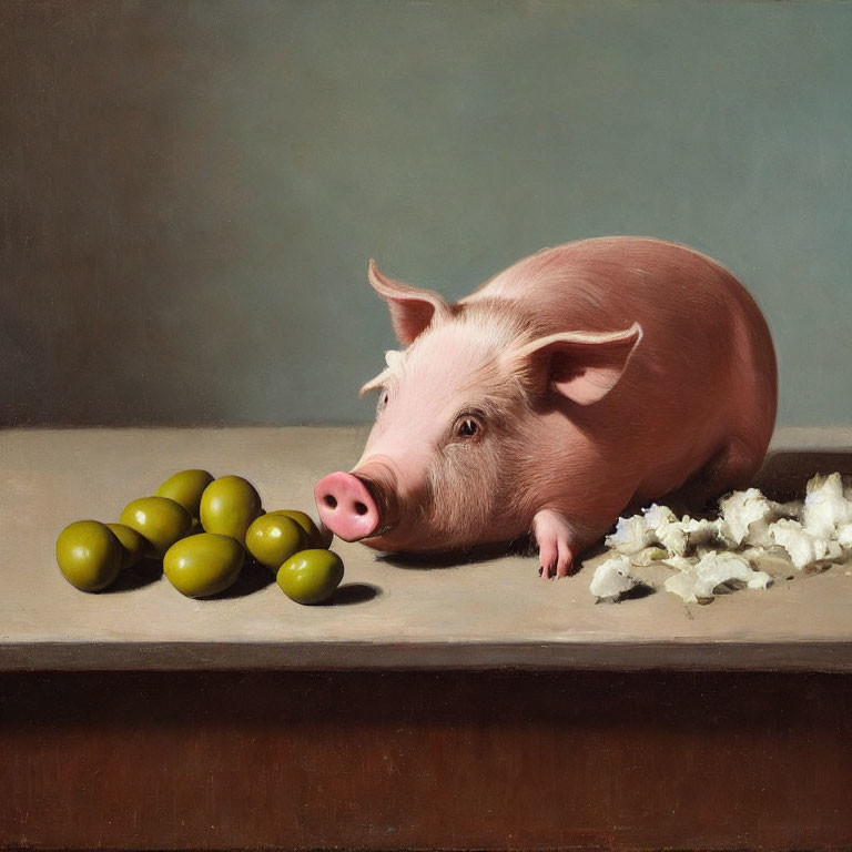 Realistic painting of pink pig with olives and cheese on table