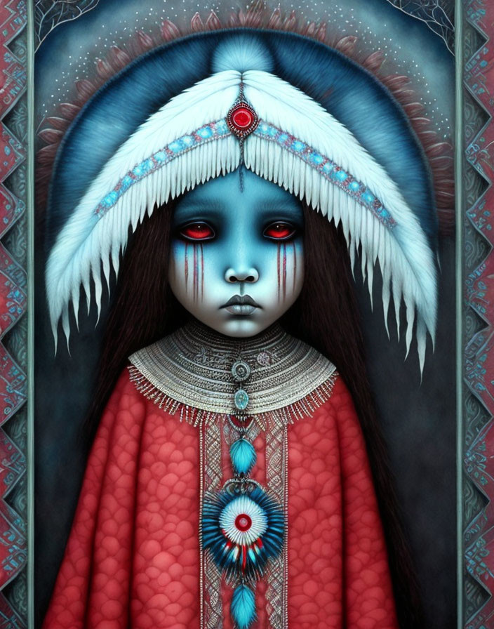 Blue-skinned figure with feathered headdress and beadwork in Native American style.