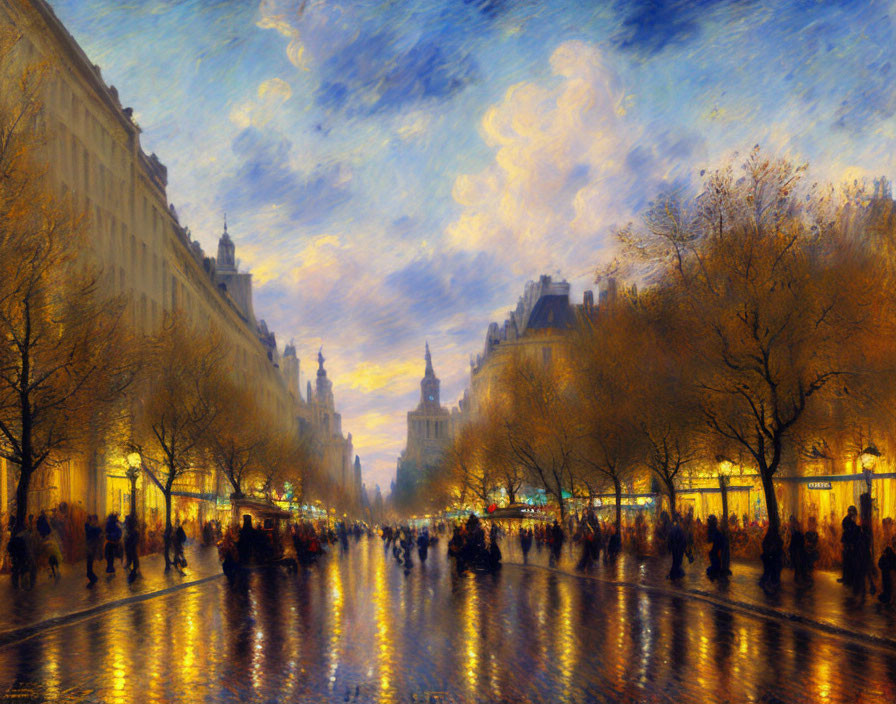 Vibrant autumn street scene at dusk with crowd, trees, buildings, and dramatic sky.