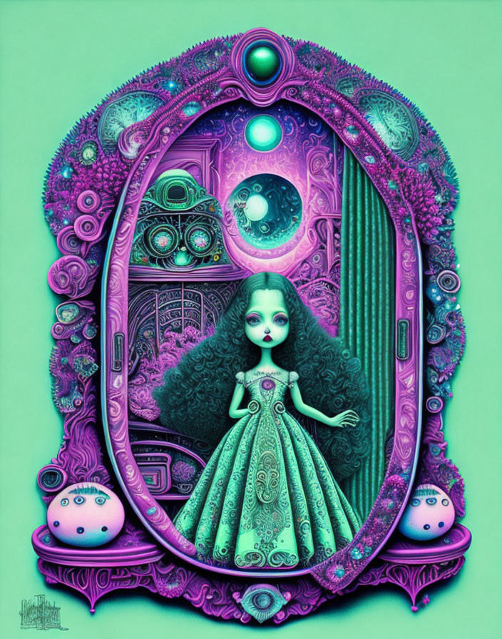 Surreal illustration of doll-like girl in green dress with floating orbs