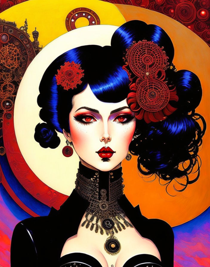 Stylized portrait of pale-skinned woman with black hair and red lips