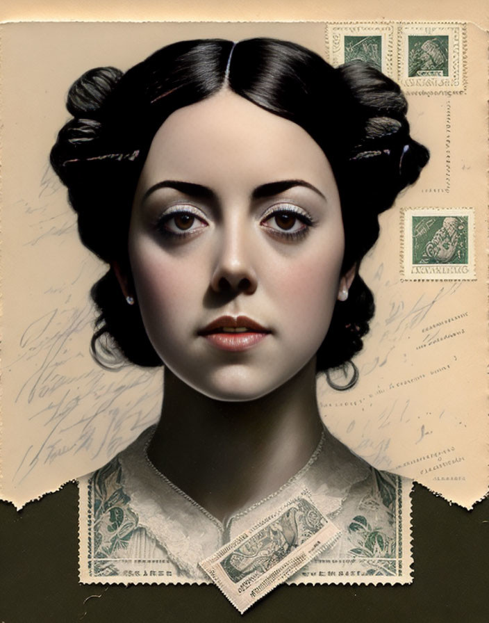 Vintage portrait of woman with dark braided hair and lace collar on postage stamp and handwriting background.