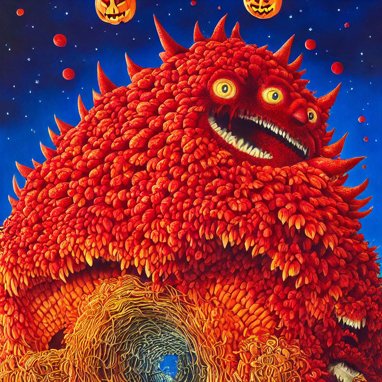 Detailed depiction of red hairy monster with jack-o'-lanterns under starry sky