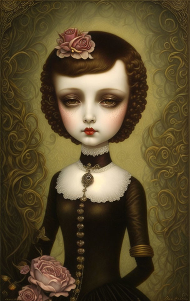 Stylized painting of a girl in Victorian attire with rose in hair