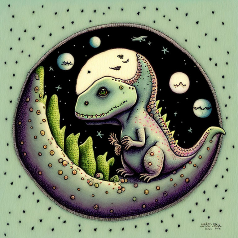 Whimsical dinosaur in space with planets and moon