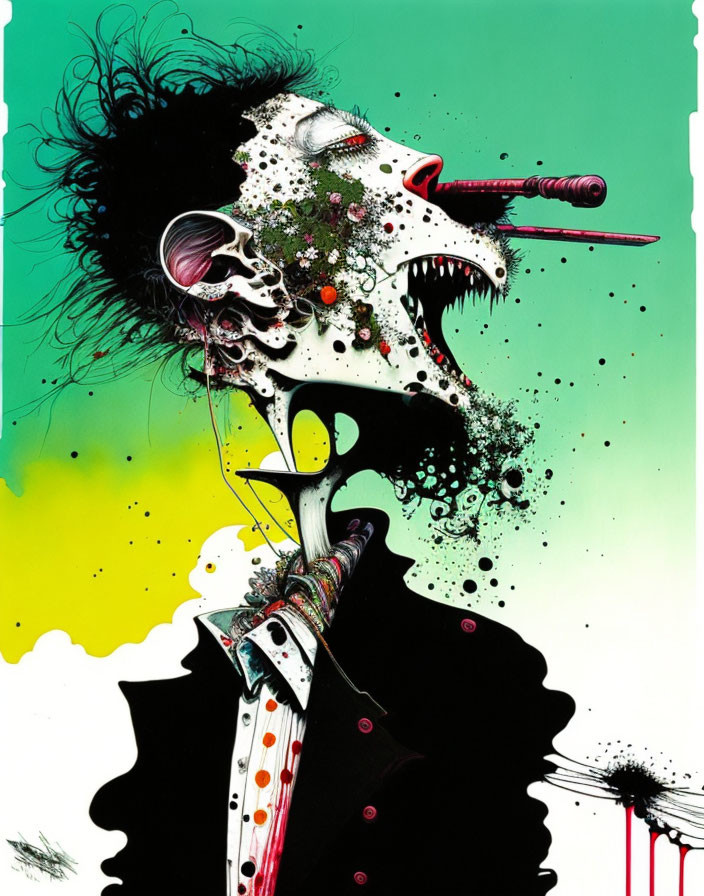 Colorful Abstract Illustration: Skull-faced Figure Dissolving with Dart and Sharp Collar