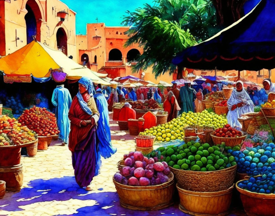 Colorful fruits and traditional attire in vibrant market scene