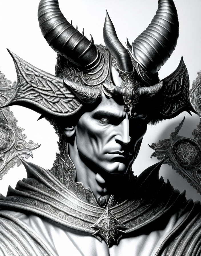 Detailed Monochrome Digital Art of Male Figure in Elaborate Armor