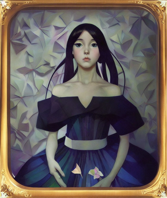 Portrait of Girl with Large Eyes in Gold Frame on Geometric Background