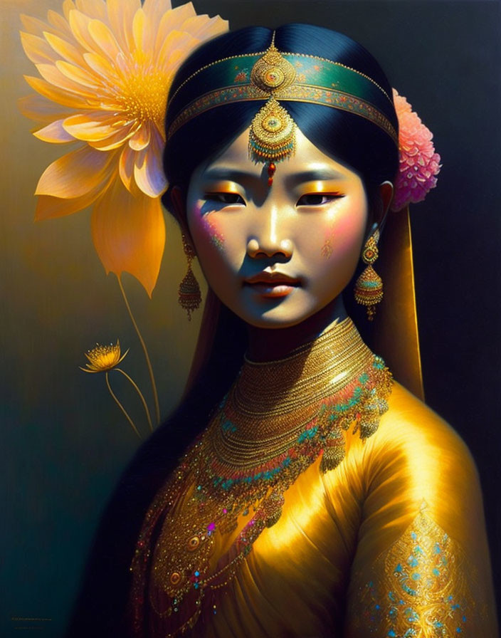 Portrait of woman in golden jewelry and floral headpiece, exuding elegance on dark backdrop