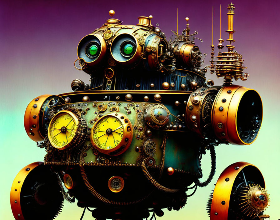 Colorful Steampunk-Style Robot with Gears and Metallic Decorations