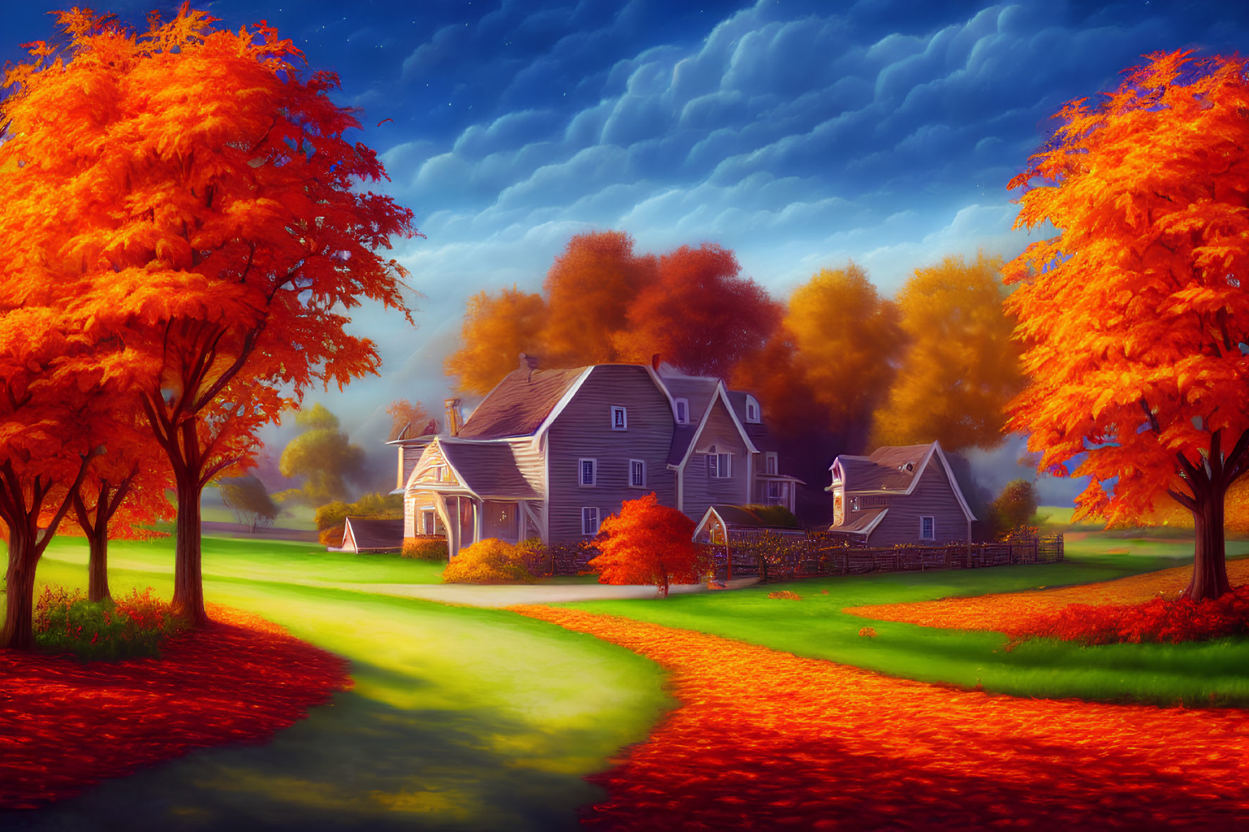 Autumn landscape with country house and fiery trees under blue sky