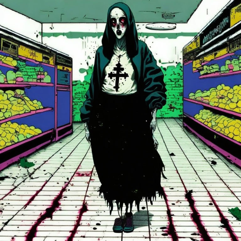 Hooded figure with skull mask in blood-stained grocery aisle